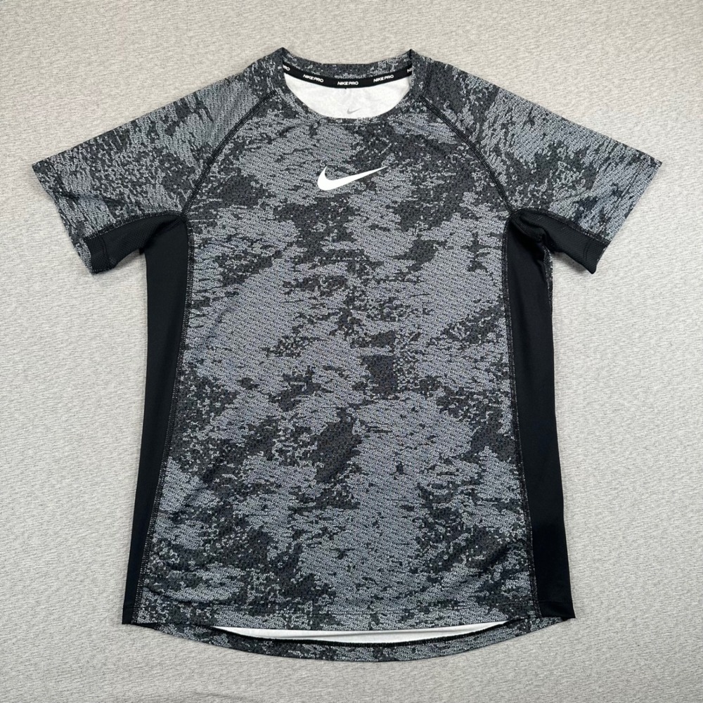Nike Pro Shirt Womens L Gray Black Logo Camo Training Top Short Sleeve Dri-FIT - Picture 2 of 11